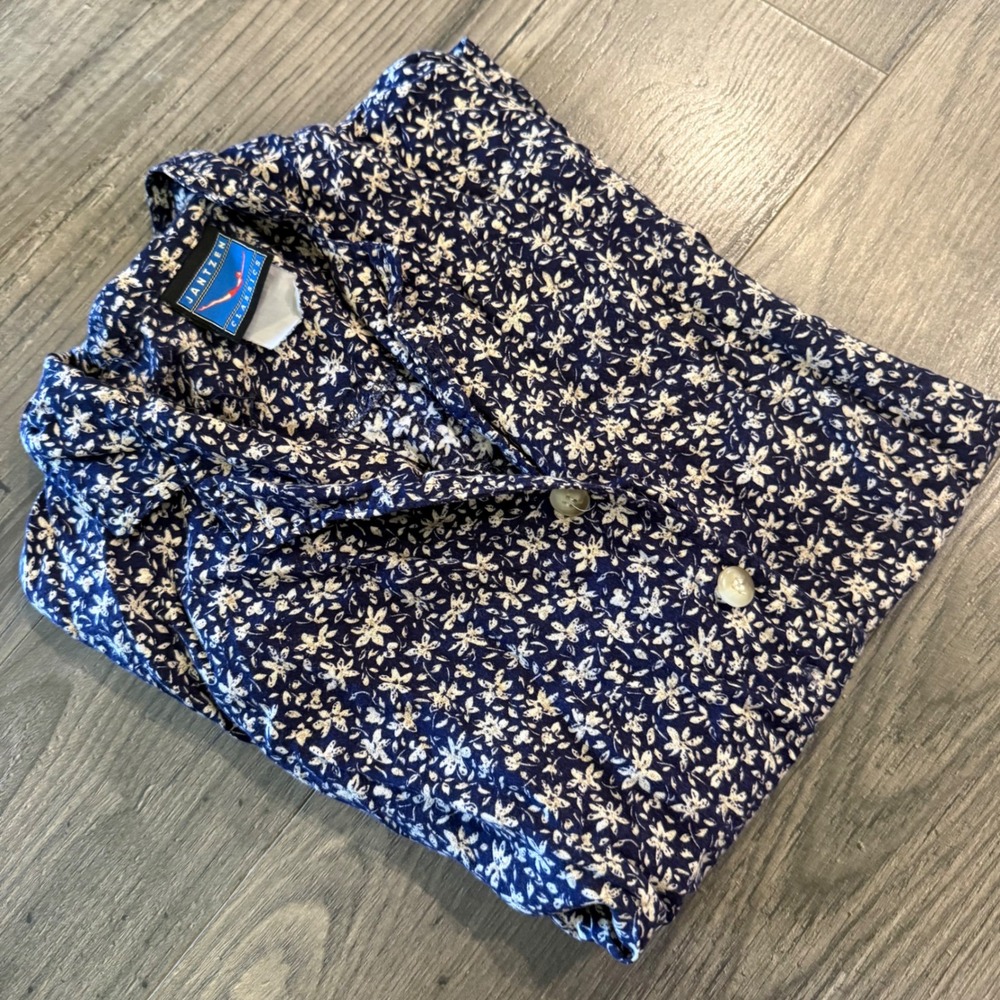 VTG Jantzen Classics Navy Blue Ditsy Floral Short Sleeve Button Down Shirt Large